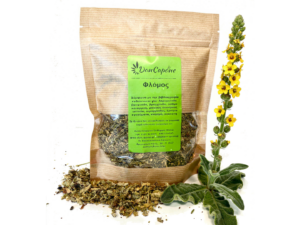 Φλόμος αποξηραμένο βότανο σε οικολογική craft συσκευασία με φύλλα φλόμου και εικόνα του φυτού Verbascum thapsus