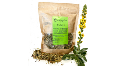 Φλόμος αποξηραμένο βότανο σε οικολογική craft συσκευασία με φύλλα φλόμου και εικόνα του φυτού Verbascum thapsus