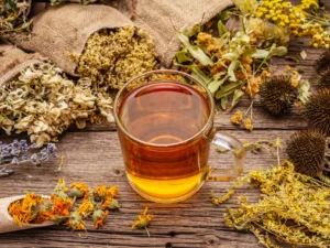 Αφέψημα βοτάνων για καθημερινή υποστήριξη σακχάρου σε γυάλινο φλιτζάνι