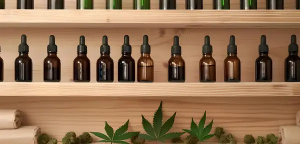 Μπουκαλάκια με δοσομετρητή που περιέχουν έλαιο CBD σε διάφορες περιεκτικότητες.