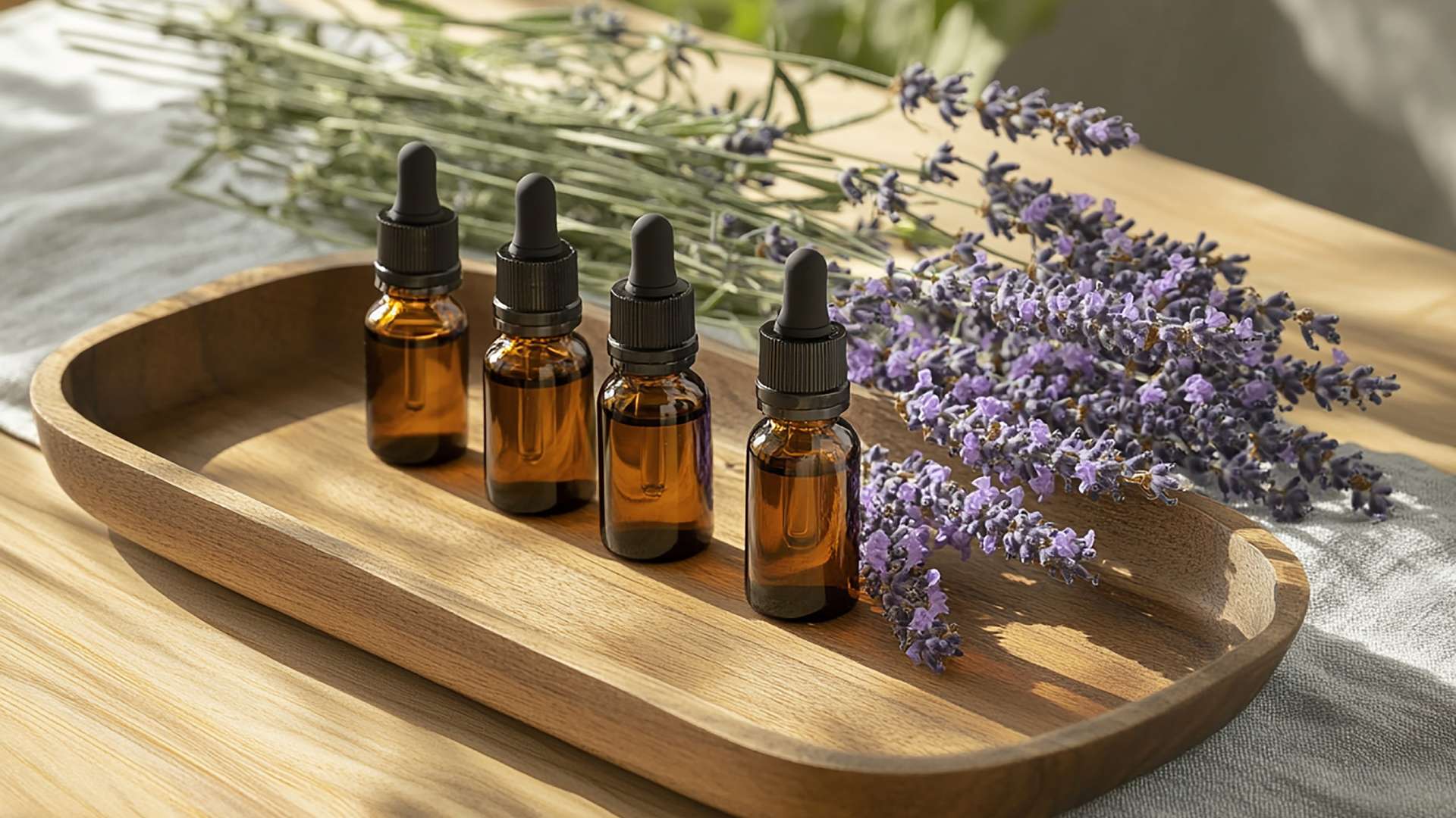 Αιθέρια έλαια βοτάνων σε μικρά γυάλινα μπουκάλια