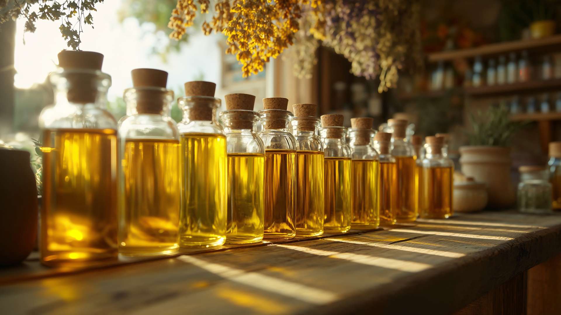 Φυτικά έλαια και βάμματα βοτάνων σε γυάλινα μπουκάλια