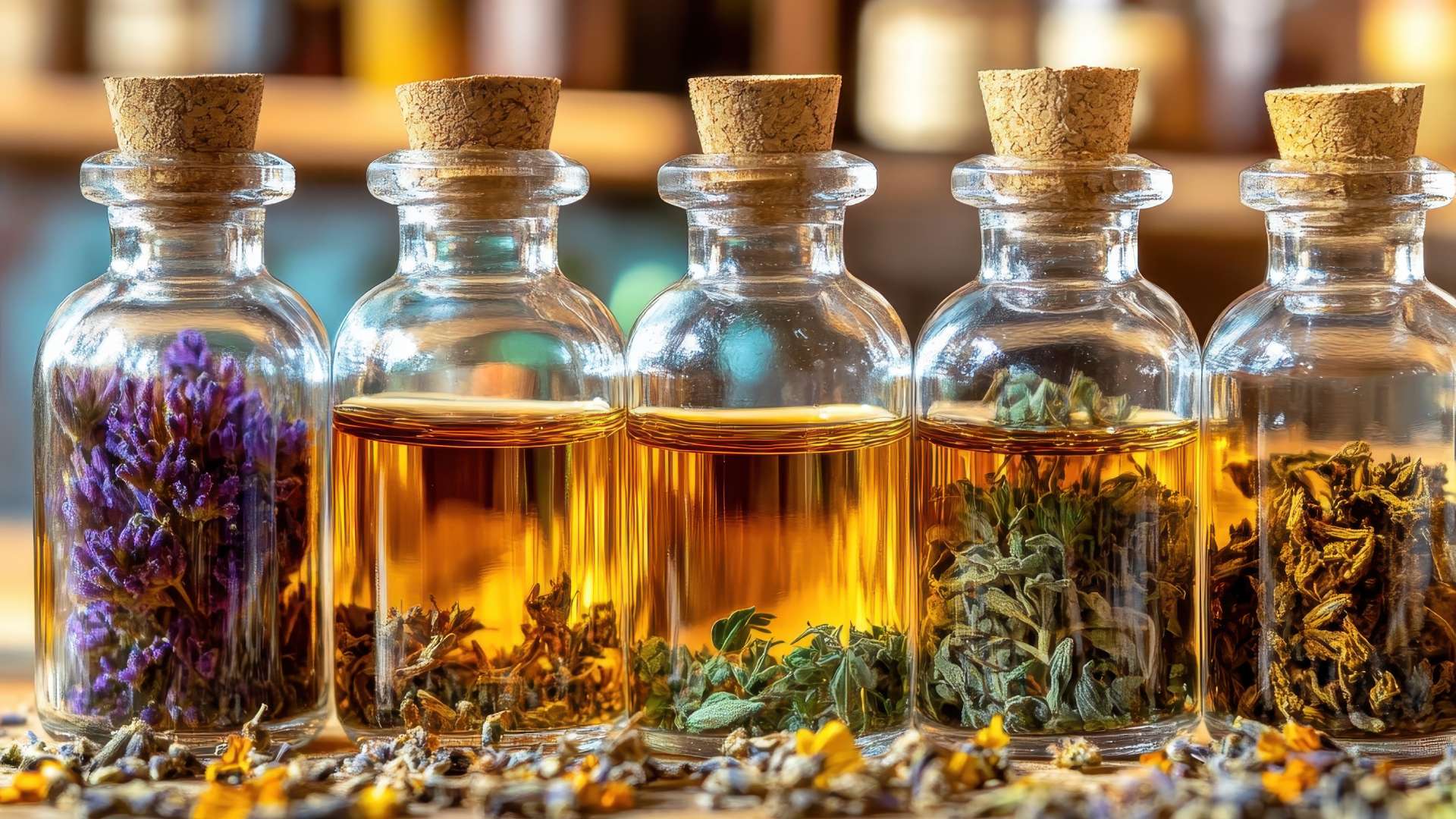 Φυτικά έλαια από σπόρους και καρπούς σε γυάλινα μπουκάλια