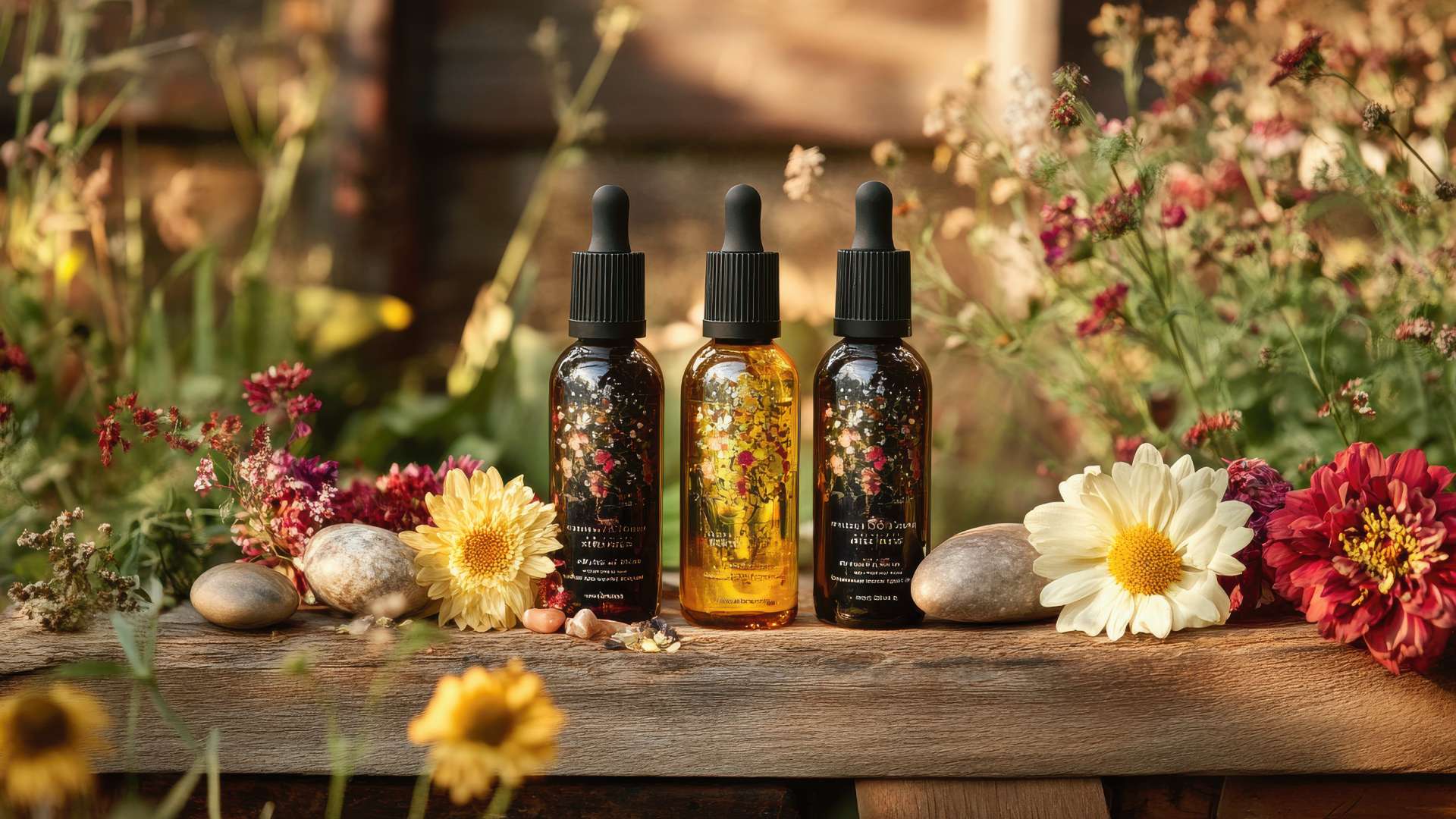 Βάμματα βοτάνων σε γυάλινα μπουκάλια με σταγονόμετρο