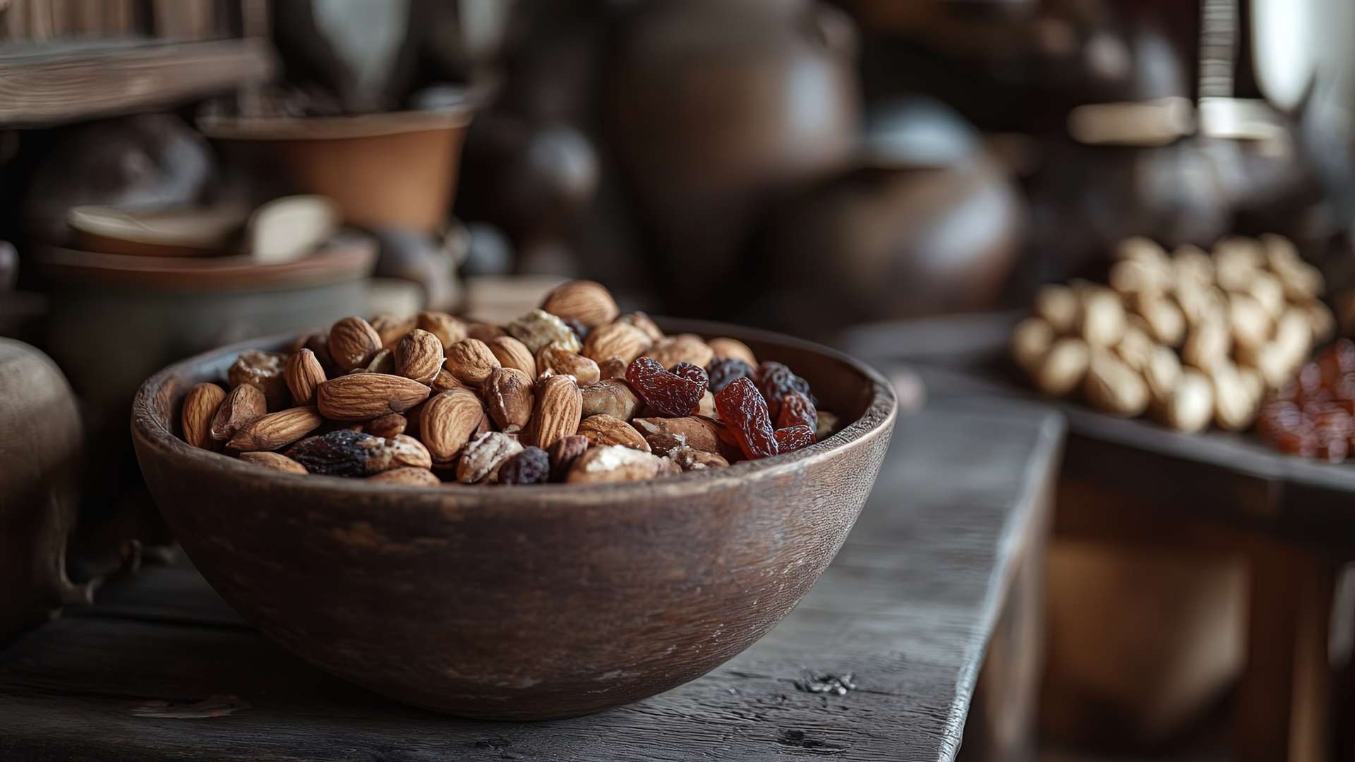 Επιλεγμένοι ξηροί καρποί και σπόροι σε ξύλινα μπολ